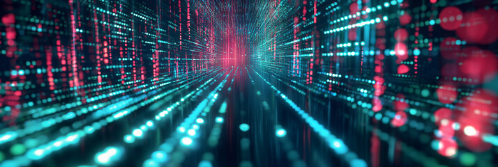 Digital data tunnel. Dynamic 3D digital tunnel with neon lights and binary code, illustrating concepts of cyber security and data analysis.