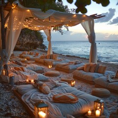 Luxury Experience: Showcase a luxurious movie night experience on the beach, featuring elegant seating arrangements like plush outdoor sofas or daybeds with canopy drapes. Generative AI