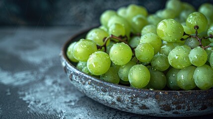 Close up of green grapes in a plate on a dark background