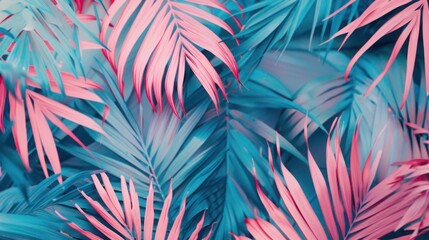Tropical palm leaves in vibrant pink and blue colors in retro style