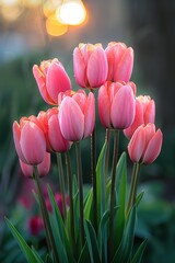 Pink tulips in pastel coral tints at blurry background, closeup. Fresh spring flowers in the garden - 794410664