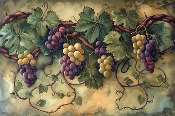 an assortment of grapevines with clusters of grapes in various stages of ripeness, ranging from green to deep purple - obrazy, fototapety, plakaty