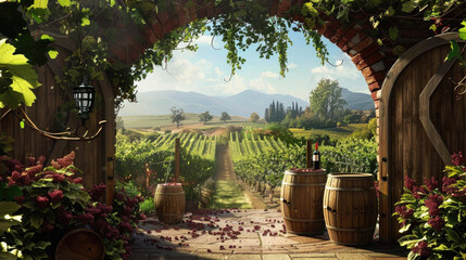 A vineyard with a wooden archway leading to a wine cellar
