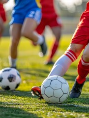 Fototapeta premium In the heart of the game, a player dashes after the soccer ball, chasing victory with relentless determination.