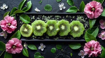   A collection of kiwi slices atop a black tray, encircled by pink blooms and verdant foliage