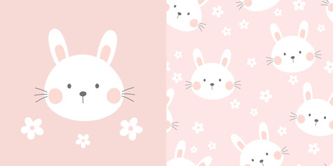 Cute bunny card and seamless pattern. Backgrounds for children with bunny and flowers. Vector illustration. It can be used for wallpapers, wrapping, cards, patterns for clothing and others.
