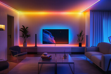 modern living room illuminated wtih vibrant led effect light for watching movies or playing games (5)