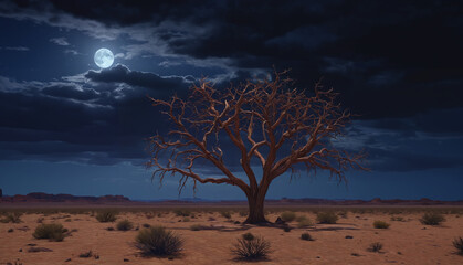 A barren, desert landscape with a lone tree standing in the middle of the open field.