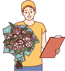 Man courier with bouquet of flowers and clipboard holds roses to screen while presenting gift. Guy from flower delivery service gives gift bouquet for birthday or relationship anniversary - 794412083