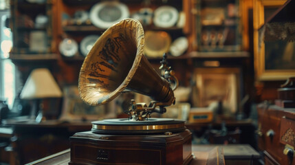 A dusty old phonograph plays scratchy recordings of country music filling the room with a haunting melody. .