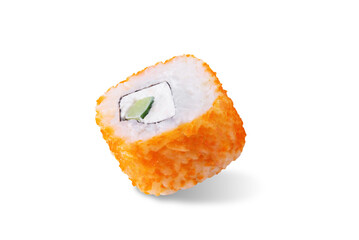 Fish caviar cream cheese cucumber sushi on a white isolated background