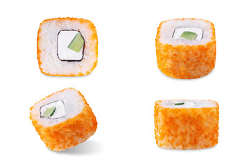 Fish caviar cream cheese cucumber sushi on a white isolated background