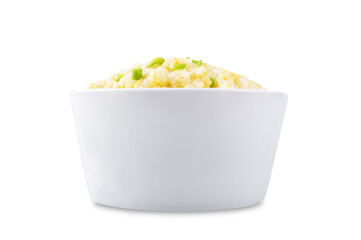 Japanese egg and rice porridge in a bowl on a white isolated background