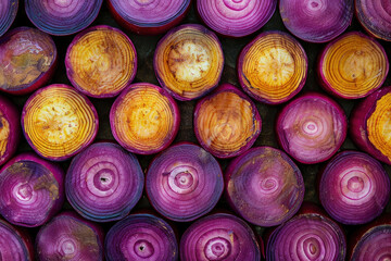Closeup view of a colorful pile of freshly harvested red and yellow onions with their tops cut off