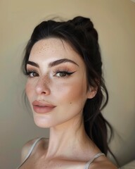 Naklejka premium A sophisticated woman with a hair bun and natural, radiant makeup, giving a soft and elegant look in the image