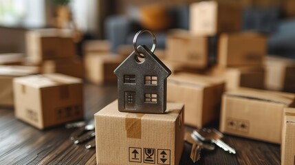 Moving house, Key house keychain in new home. Buy or rent real estate concept