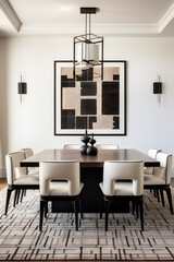 An elegant dining area with a bold, geometric rug and sleek, black dining chairs, featuring copy space for hosting gatherings.