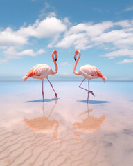 Obraz premium super realistic photo of two pink flamingos standing with their feet in the sea, super delicate light colors сreated with Generative Ai