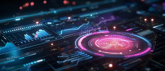 futuristic KPI dashboard hologram, floating in the air with interactive graphs and data analytics, neon glow