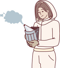 Woman beekeeper in protective suit uses smoke dispenser to scare away bees and collect honey. Young girl beekeeper is engaged in fumigating flowers or hives with insect settlements