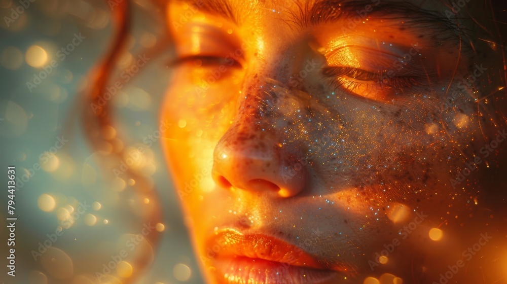 Wall mural A closeup of a persons face as they sit in deep concentration their features relaxed and their mind clear. Shimmering rays of light emanate from their head representing the