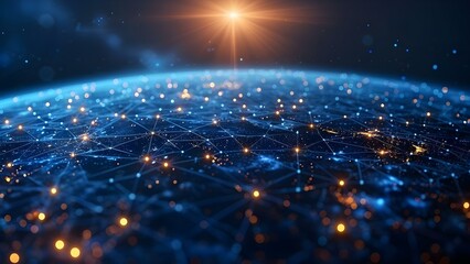 Advancing digital technology: global quantum computing network on dark blue background. Concept Quantum Computing, Global Network, Digital Technology, Dark Blue Background - obrazy, fototapety, plakaty