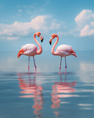 super realistic photo of two pink flamingos standing with their feet in the sea, super delicate light colors сreated with Generative Ai