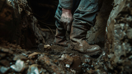 In a dimly lit mine shaft a rugged miner digs for precious gems and ore his boots and clothes showing the wear and tear of countless hours spent underground. .
