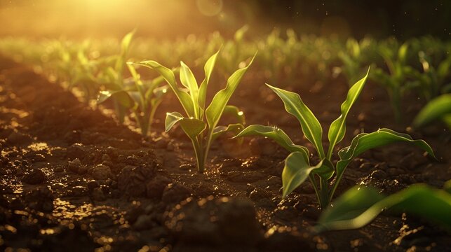 A row of young, vibrant green corn saplings growing in rich, backlit by the golden light of a setting sun