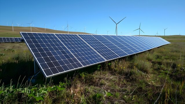 Progress in Green Energy: Solar Panels and Wind Turbines in Open Field. Concept Renewable Energy, Green Technology, Solar Panels, Wind Turbines, Sustainable Development
