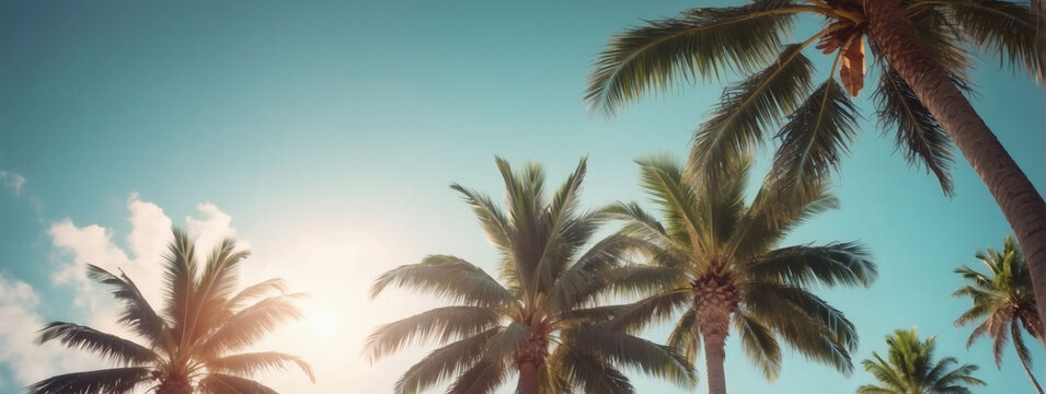 Sunlight Filtering Through Tropical Palm Tree with Retro Sky Background, Copy Space Included.