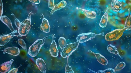 An image showing the diverse movement patterns of singlecelled protozoa with some using their flagella to swim through the surrounding - obrazy, fototapety, plakaty