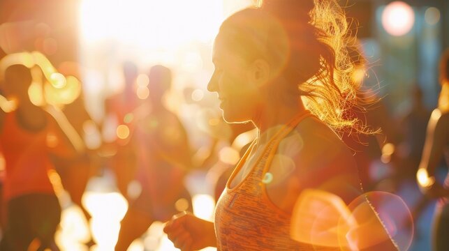 In the defocused background the lively atmosphere of a Zumba class in full swing is portrayed through a hazy blend of lively patterns and movements capturing the essence of this highenergy .