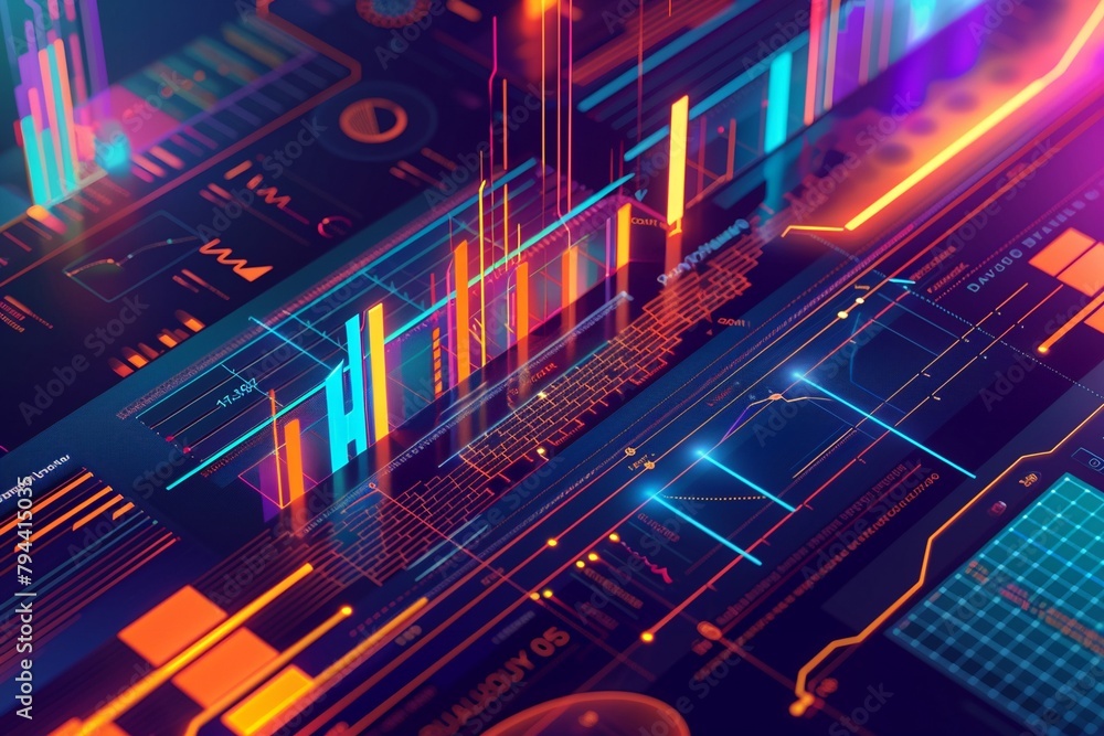 Poster an isometric infographic, featuring a 3d bar and line graph with a modern interface on digital scree