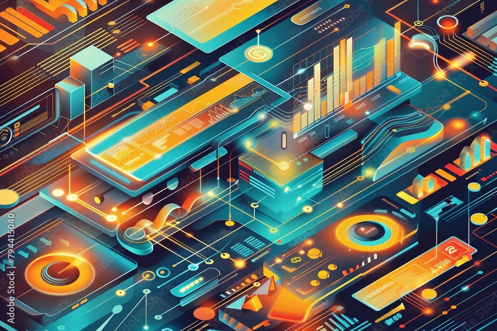 Poster an isometric infographic, featuring a 3d bar and line graph with a modern interface on digital scree