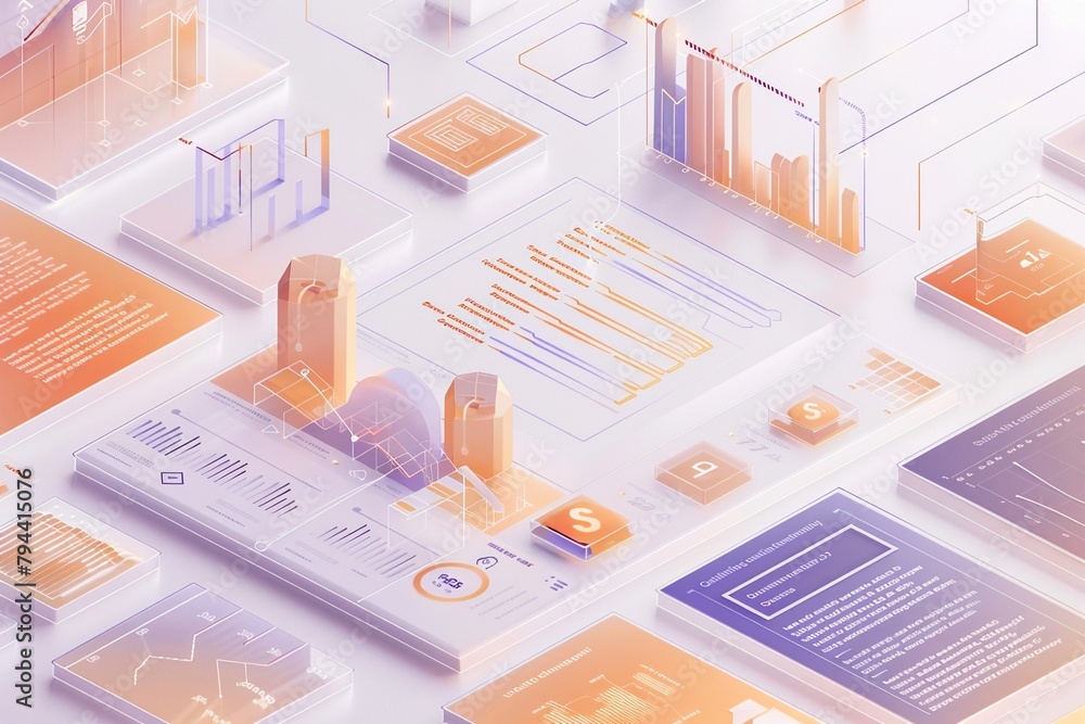 Poster an isometric infographic, featuring a 3d bar and line graph with a modern interface on digital scree
