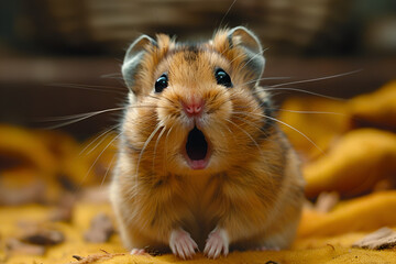 Shocked Hamster with Big Eyes in the Room,
a hamster that is sitting on its hind legs