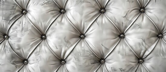 Macro shot of a white tufted leather couch with black buttons