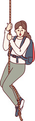 Frightened woman climber hangs on rope and opens mouth from fear, or release of adrenaline in body. Girl engages in extreme sports and is fond of hiking for sake of adrenaline hormone. © drawlab19