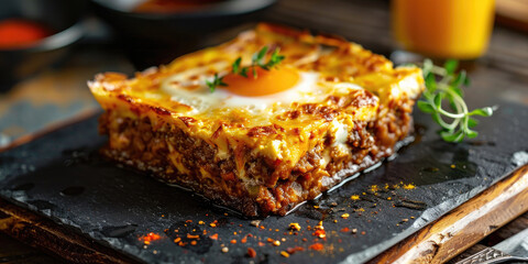 Bobotie on a slate serving board, South African comfort food, Minced meat baked with egg topping with traditional spices on dark grey slate serving board