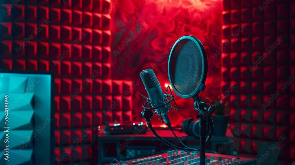 Poster a captivating visual of a professional microphone with a pop filter and a pair of headphones beside 