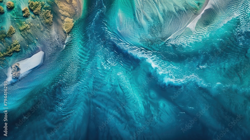 Poster aerial view of coastal scene with dynamic water patterns