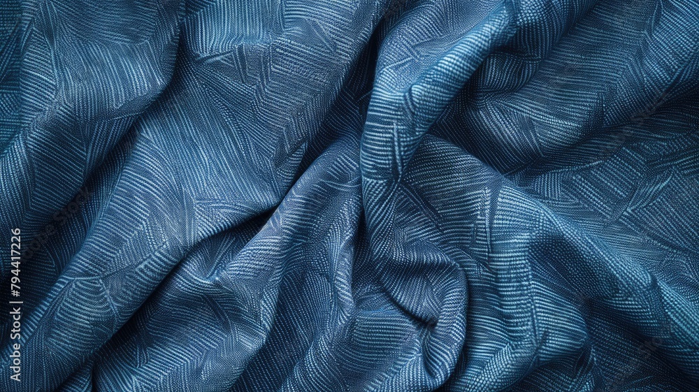 Poster textured blue fabric with intricate patterns and folds