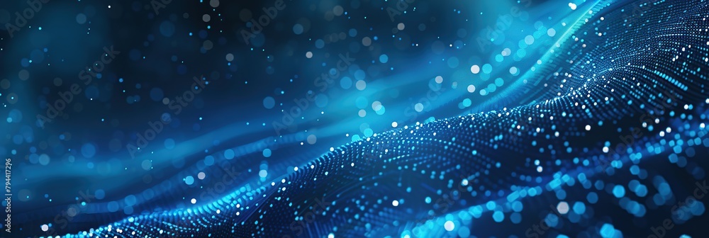 Poster Abstract blue digital background with glowing dots and wavy lines, futuristic high-tech design concept.