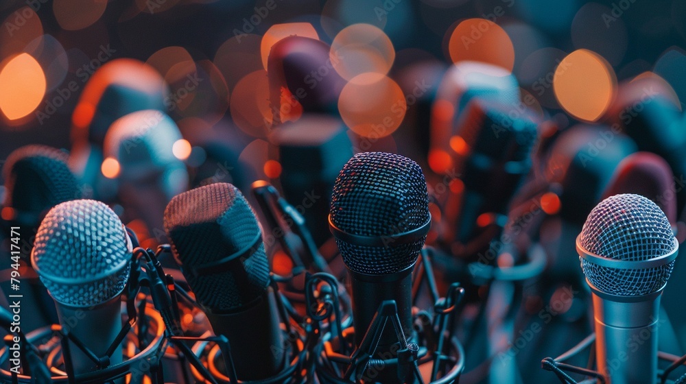Poster an array of diverse microphones clustered together as if ready for a press conference