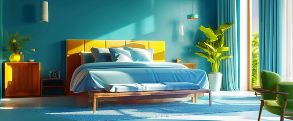 A minimalist bedroom with a calming palette of blues and greens, highlighted by pops of vibrant...