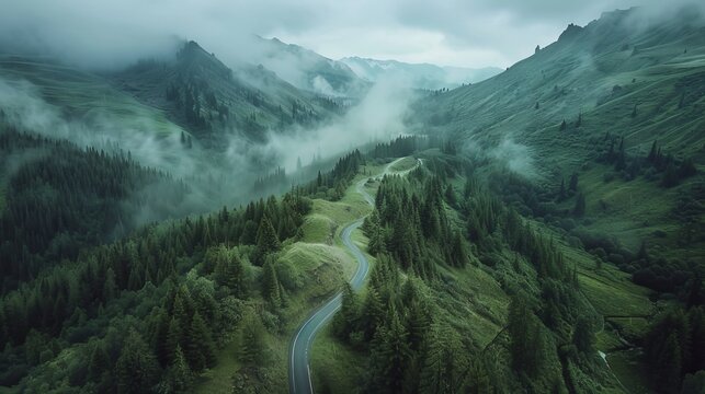 Aerial view of a winding road through a green forest and mountains, aerial photography drone shot with a high resolution top down view, landscape photo panoramic photograph