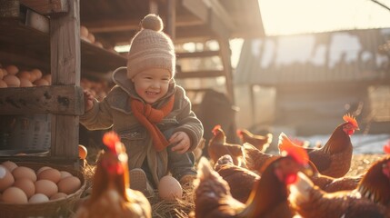 A small child eagerly helps their parent collect eggs from a coop surrounded by a flock of curious chickens. . - obrazy, fototapety, plakaty