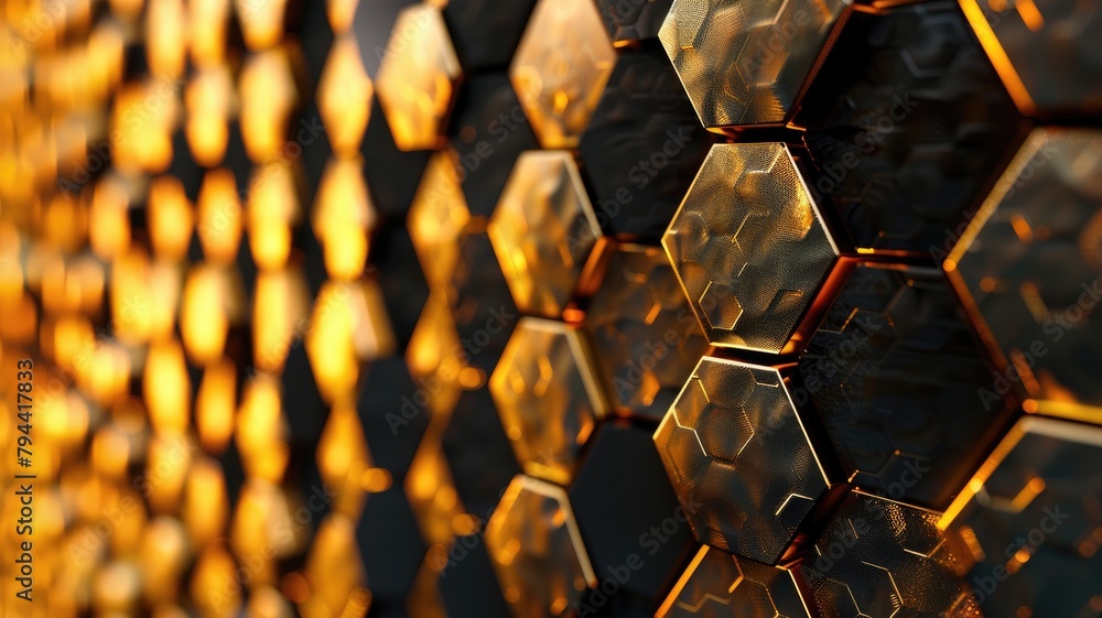 Poster close-up of 3d textured hexagonal pattern with golden hue