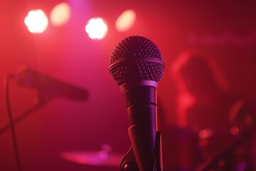 a microphone on a stand, with a blurred background featuring an audience in soft focus.